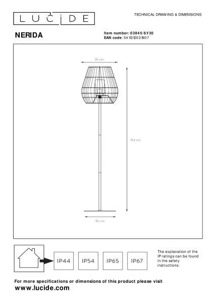 Lucide NERIDA - Lampadaire Intérieur/Extérieur - Ø 35 cm - 1xE27 - IP44 - Noir - technique